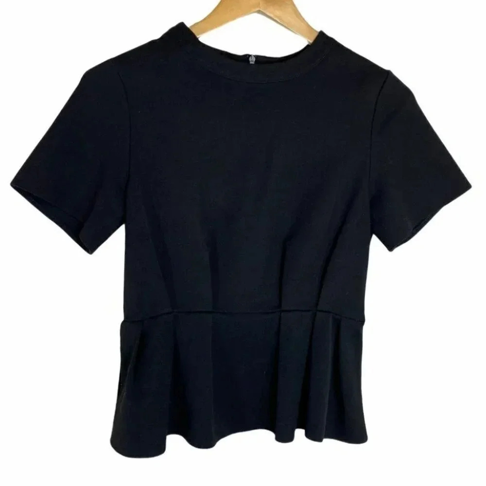 ASOS Peplum Top Size 4 Black Short Sleeve‎ Pleated Waist Back Zip Scuba Blouse
